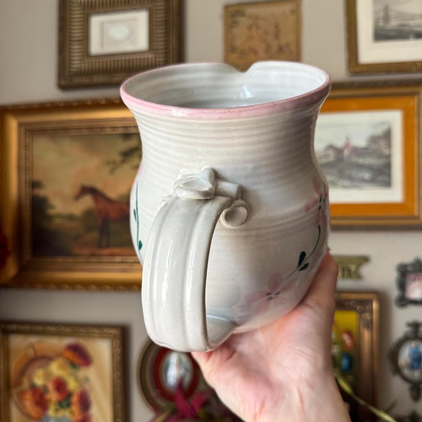 Hand-Painted Vintage Pottery Pitcher with Pink Flowers