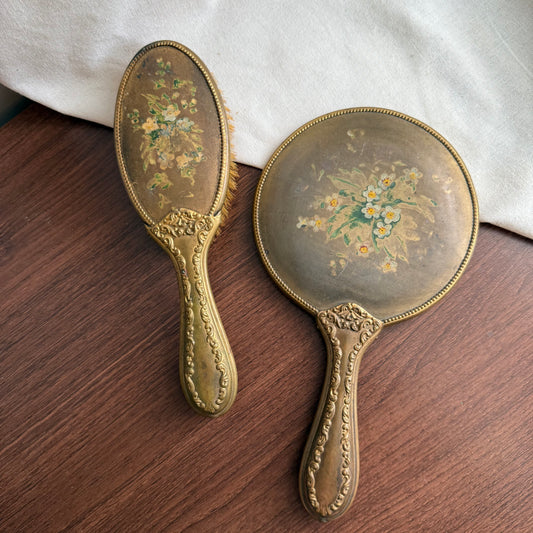 Vintage Gold tone with yellow flowers Hand Mirror and Brush set