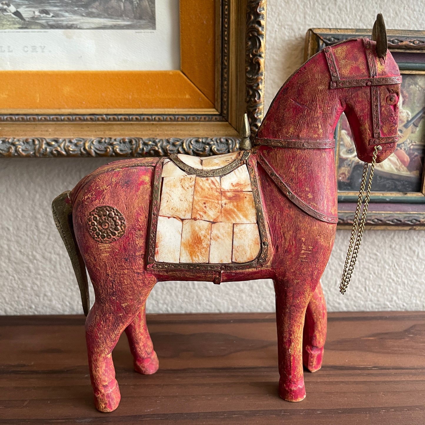 Red and Brown Wooden Horse, Hand Carved Sculpture Horse Brass And Bone detail
