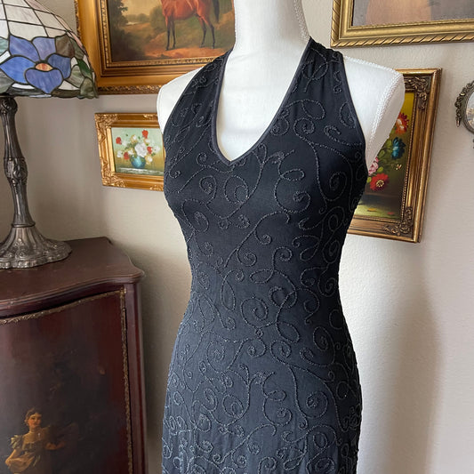 Vintage 80s/90s Black Beaded Halter Long Formal Dress By Alexia Admor