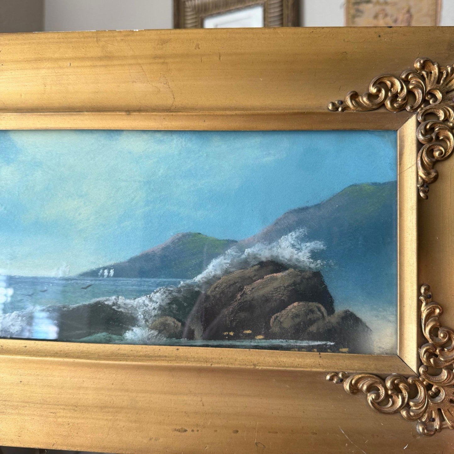 Antique Framed Pastel Seascape Original Chalk Drawing Under Glass