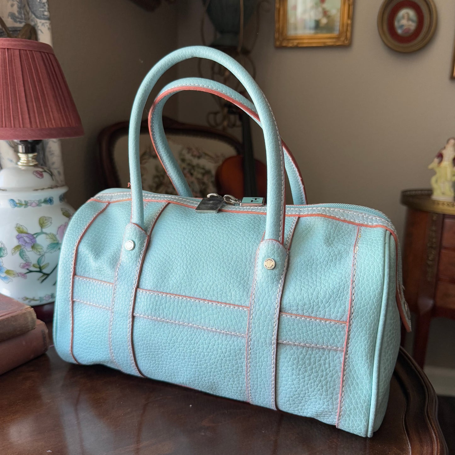 Vintage Tommy Hilfiger Blue Leather Purse With Handles Bag