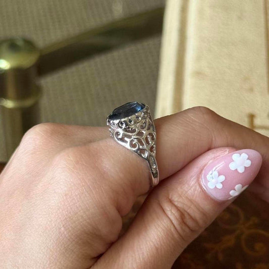 Vintage Silver tone Electroplated Blue Sapphire faux Glass Ring