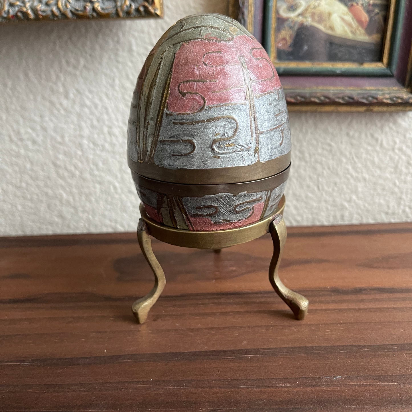 Vintage Decorative Enamel Brass Egg Trinket Box with Stand