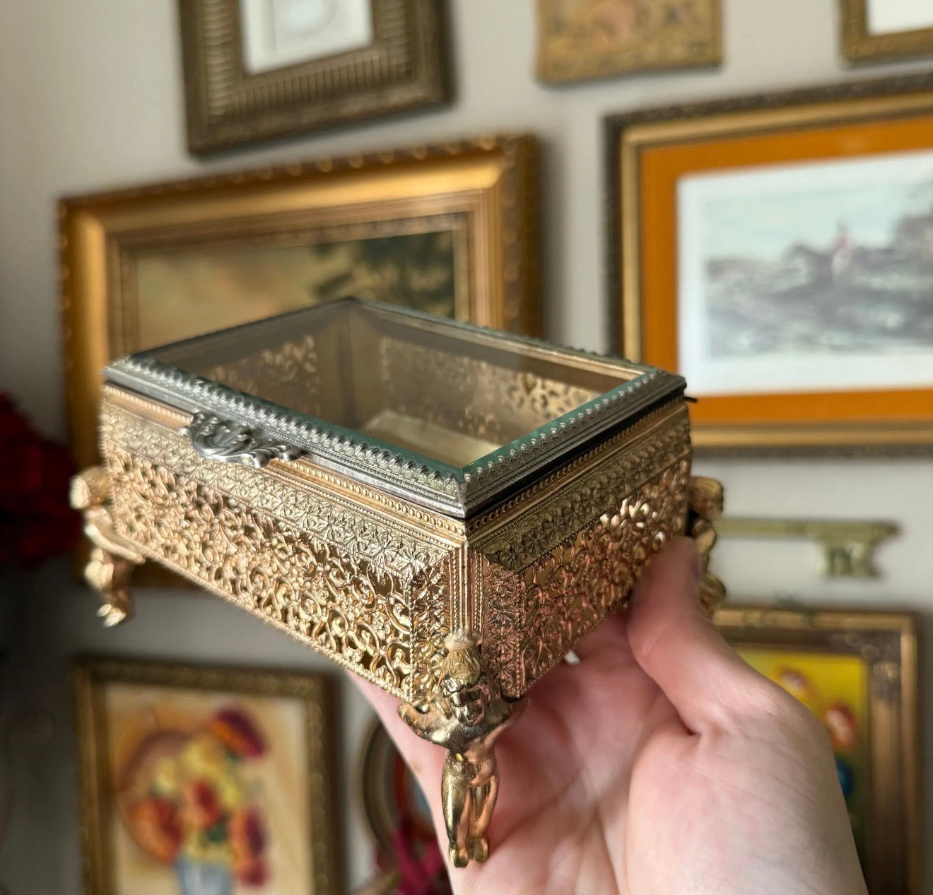 Vintage Cherub Jewelry Box Gold Plated Footed Ormolu