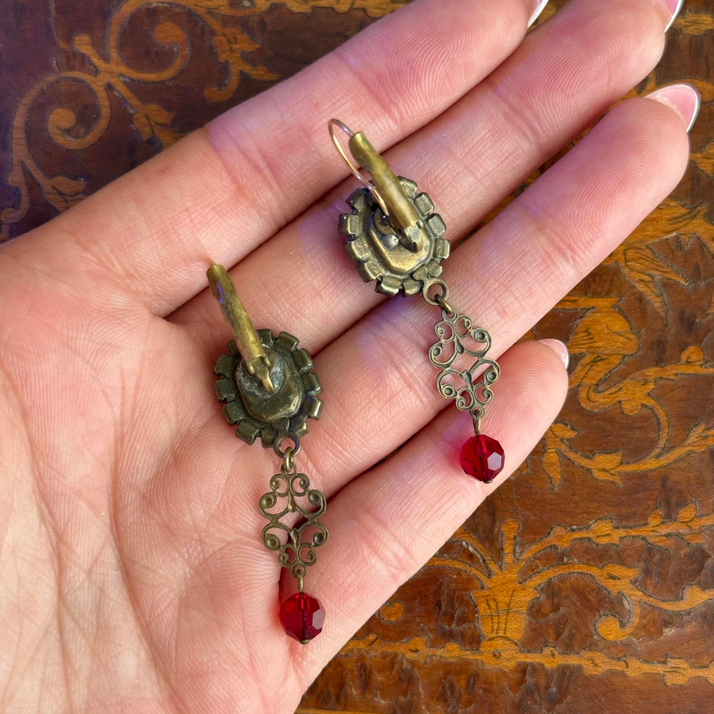 Vintage Victorian earrings with dark rectangle glass stones long earrings