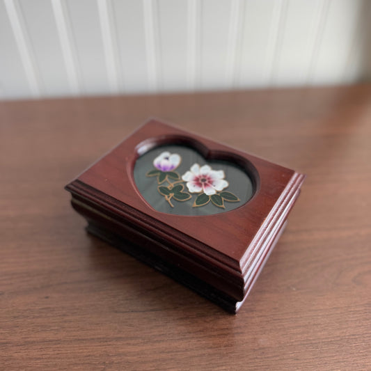 Vintage Mini Cherry Wood Jewelry Box with Stained Glass Top