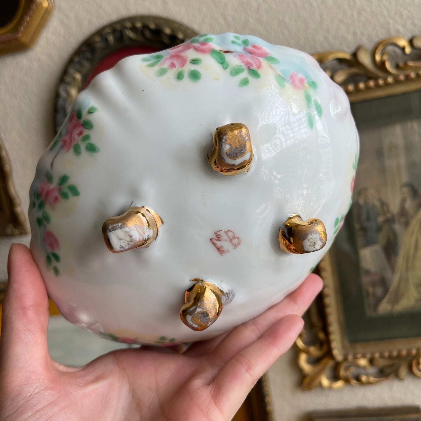 Vintage floral hand painted footed bowl