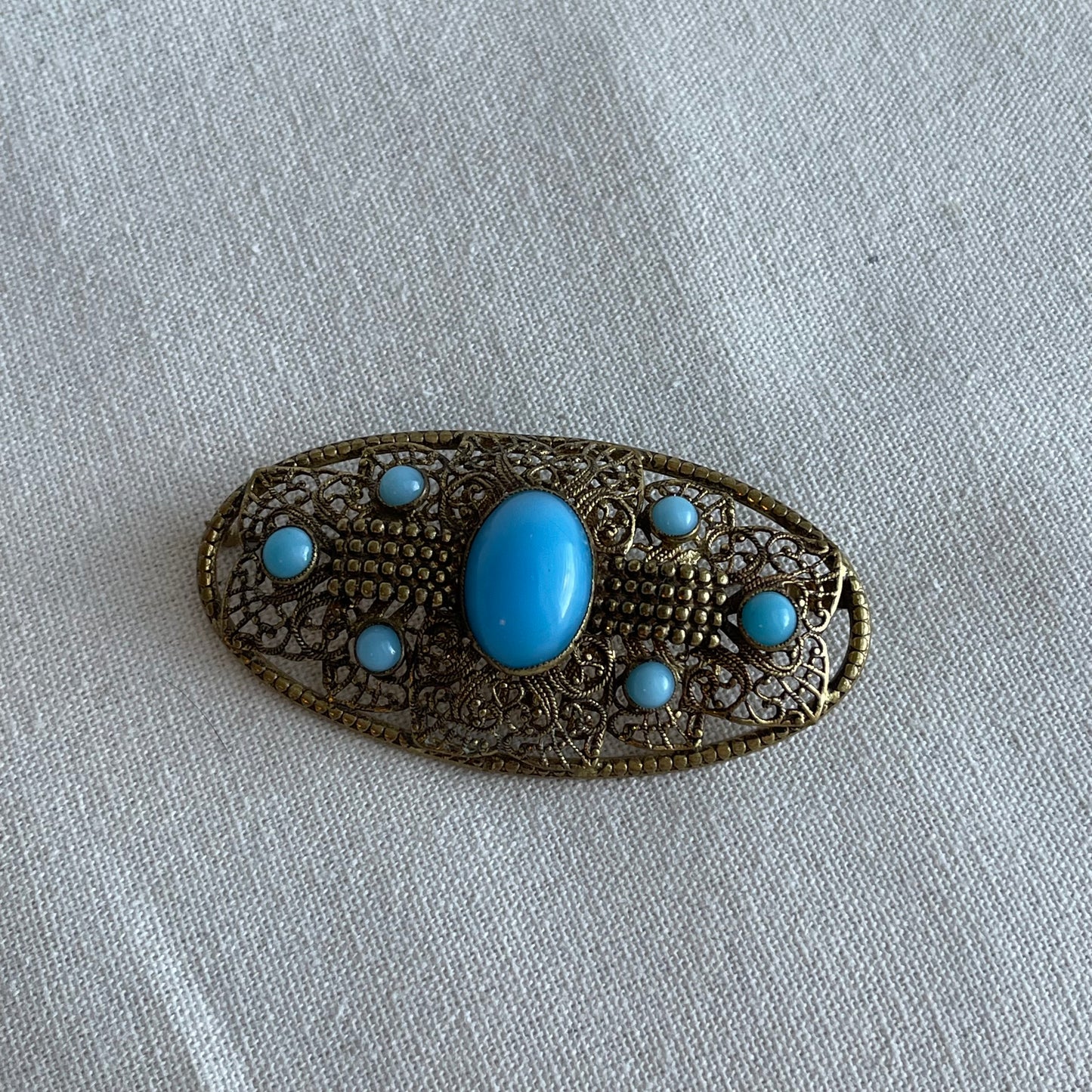 Vintage CZECH Signed Gold Tone Filigree Turquoise Glass Pin Brooch