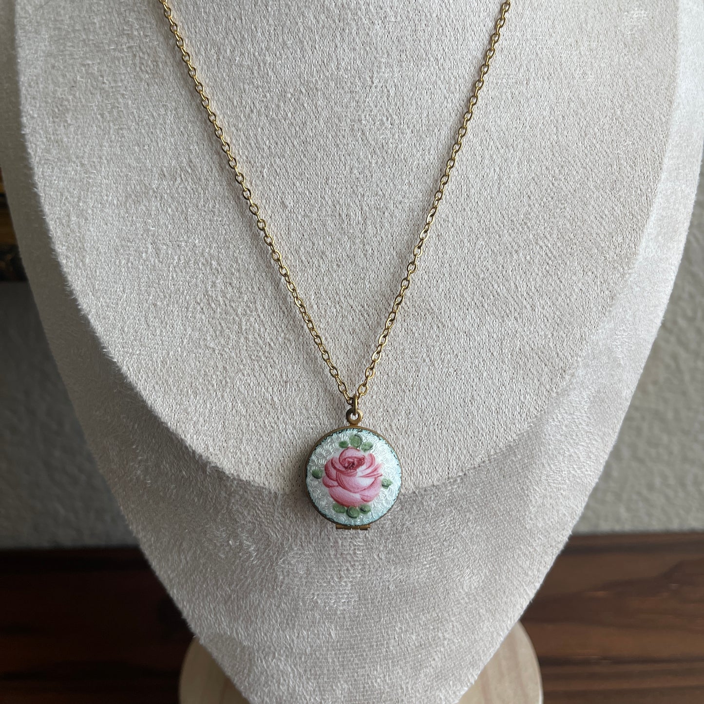 Vintage Guilloche Enamel Rose Pendant necklace