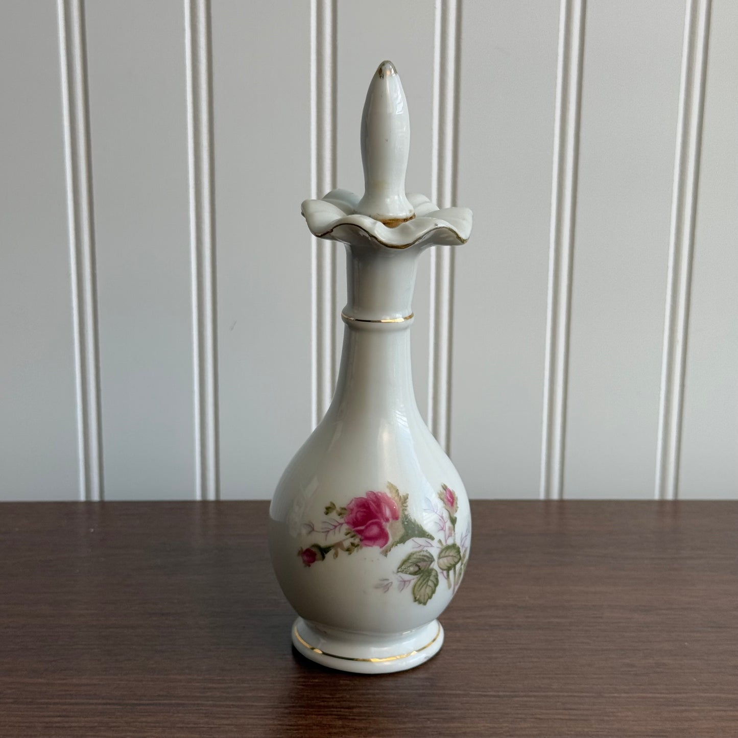 Vintage Porcelain Bottle Hand Painted Roses Floral With Stopper