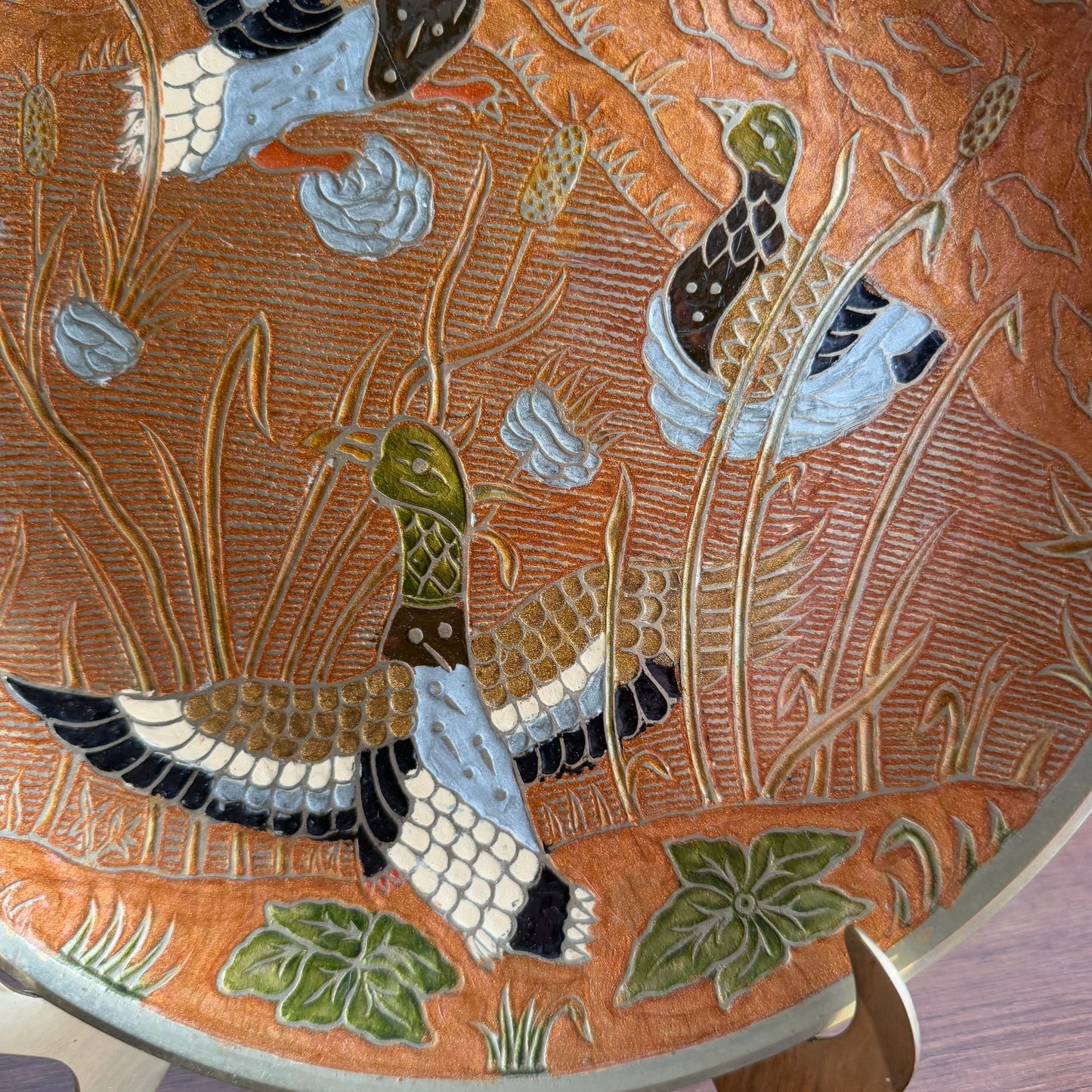 Vintage Brass enamel Geese Plate