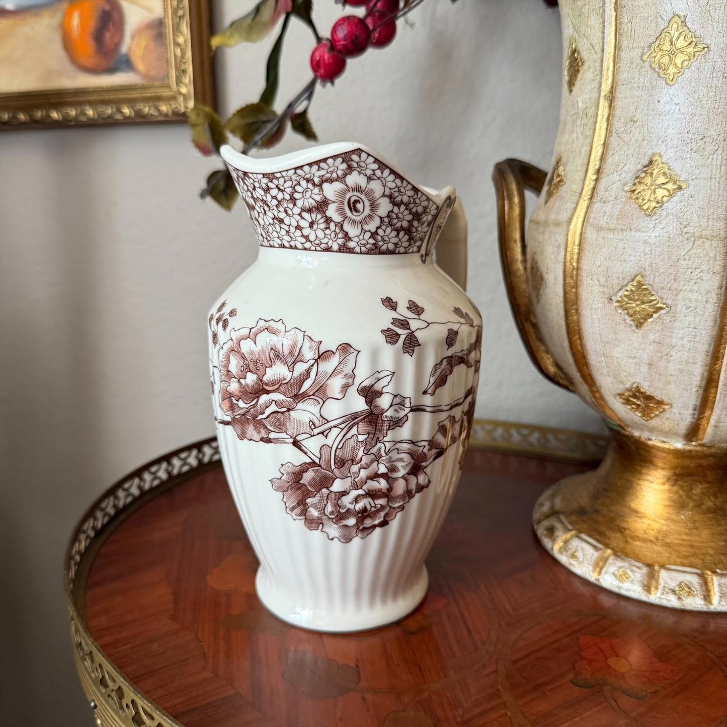 Vintage Two's Company Cream and Brown Floral Vase