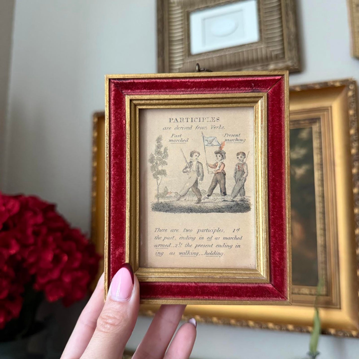 Antique 1800s Framed English Grammar Teaching Prints Velvet Art Wall Decor Set