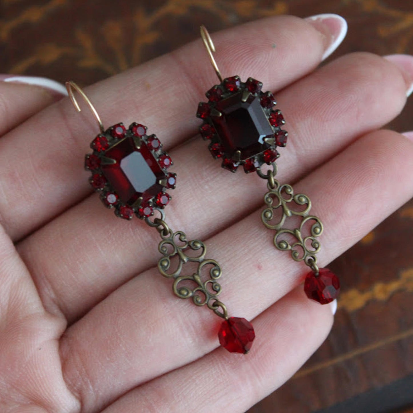 Vintage Victorian earrings with dark rectangle glass stones long earrings