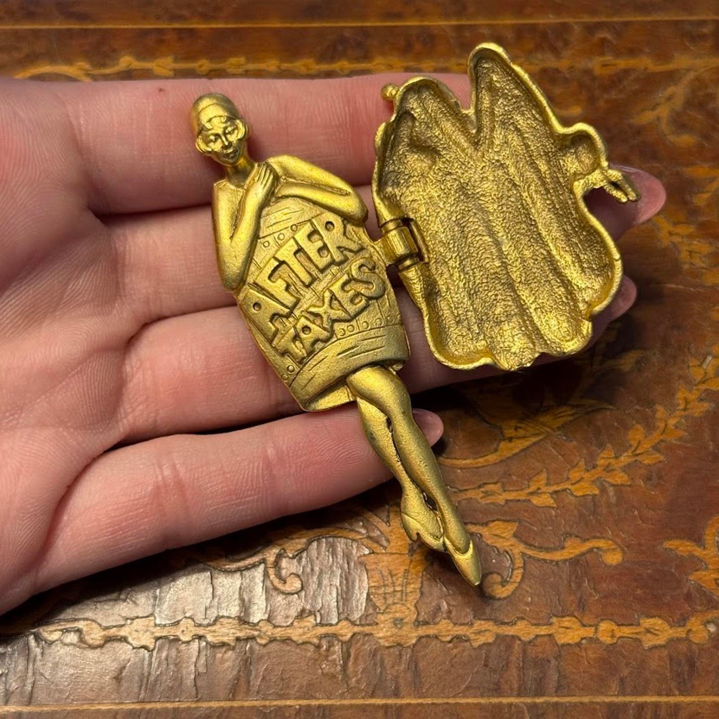 Vintage Signed AJC Gold Toned Brooch Before and After Taxes Fur Coat Lady