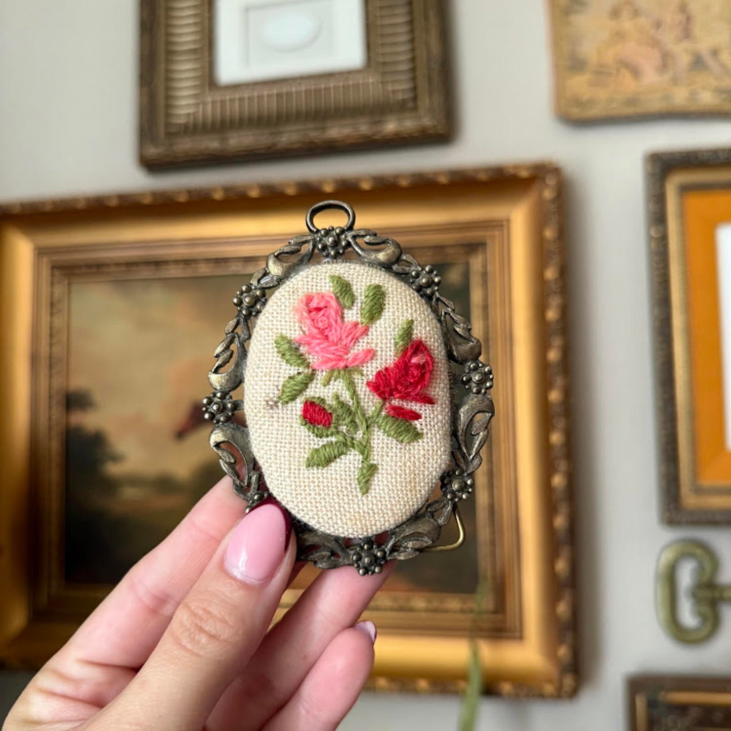 Vintage Oval Floral Embroidery in Orange Metal Frame