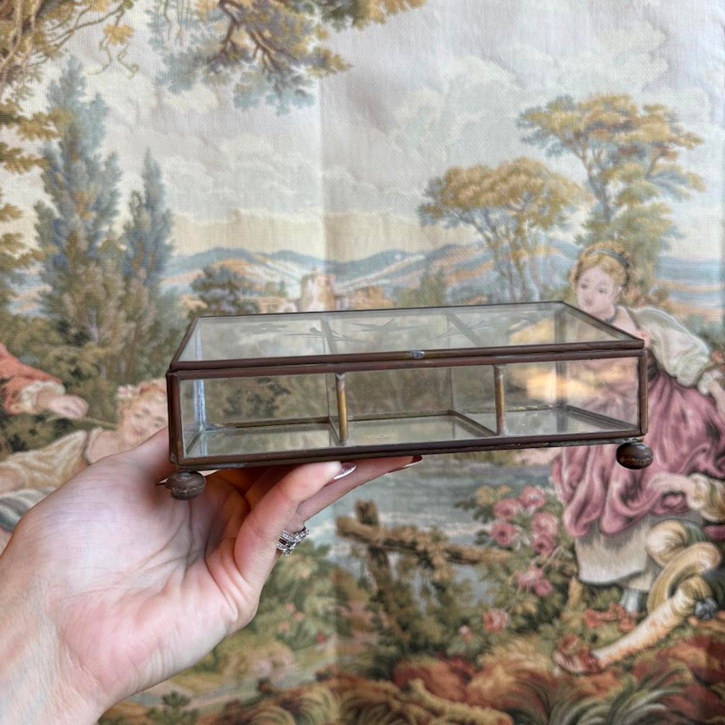 Vintage Bird & Flower etched Glass Jewelry box