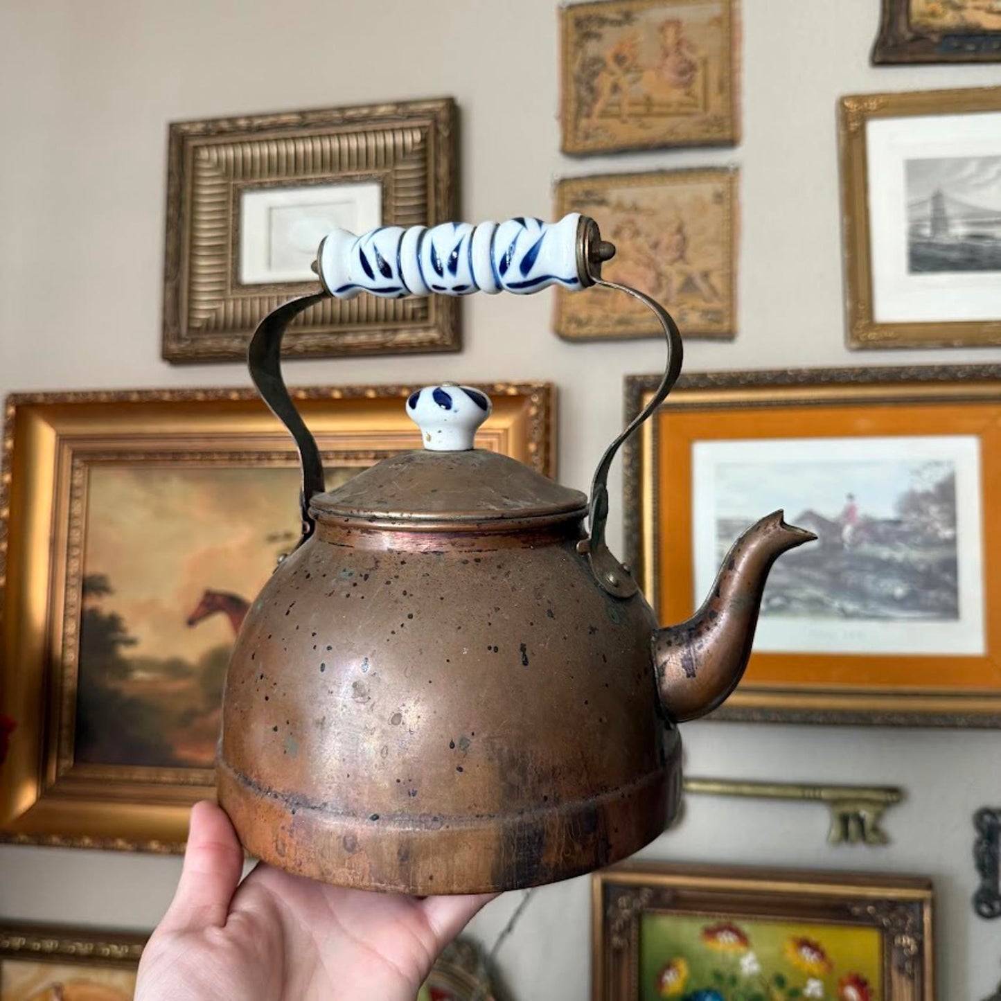 Vintage Copper Tea Kettle w White and Blue Porcelain Handle