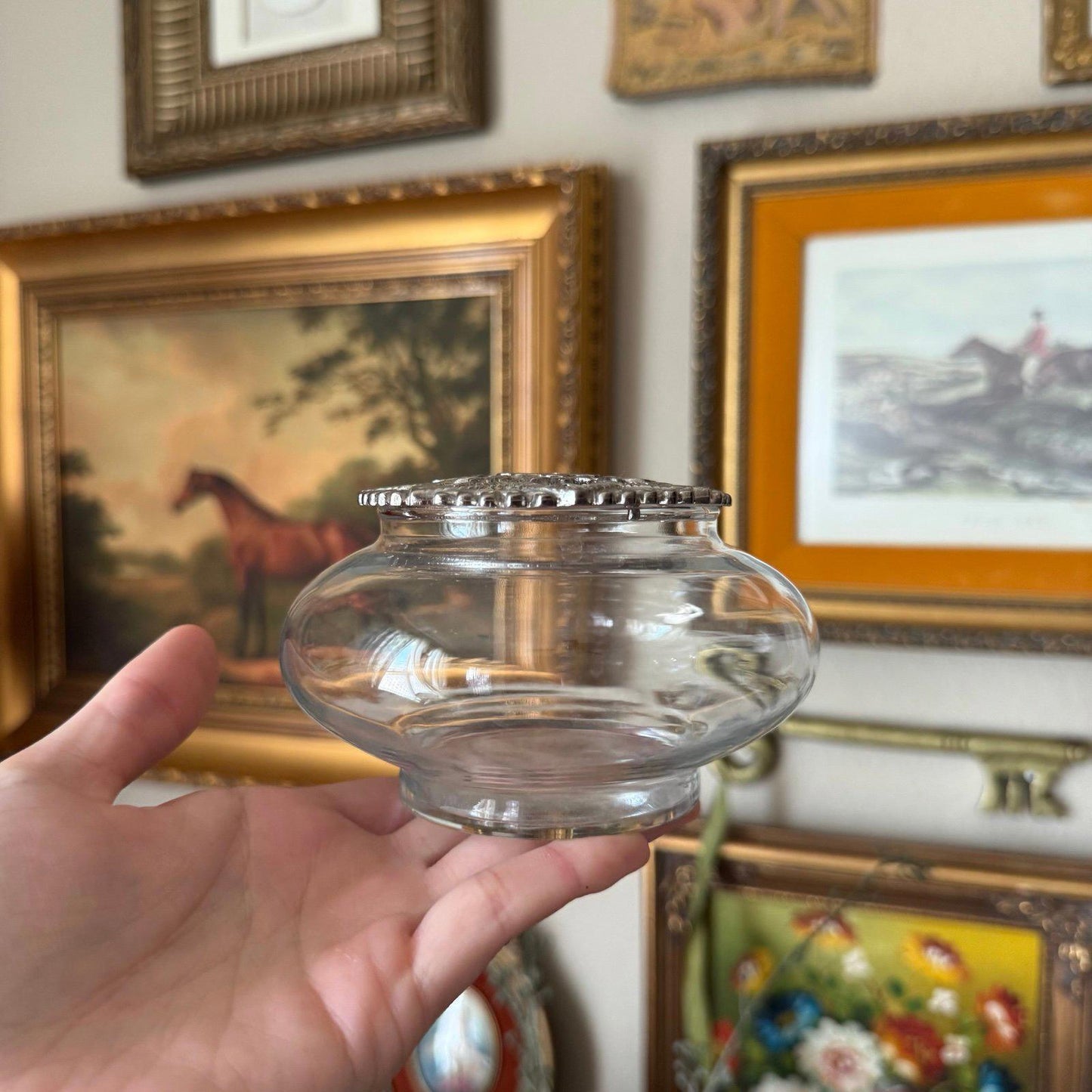 Vintage Glass Potpourri Dish with top Metal lid