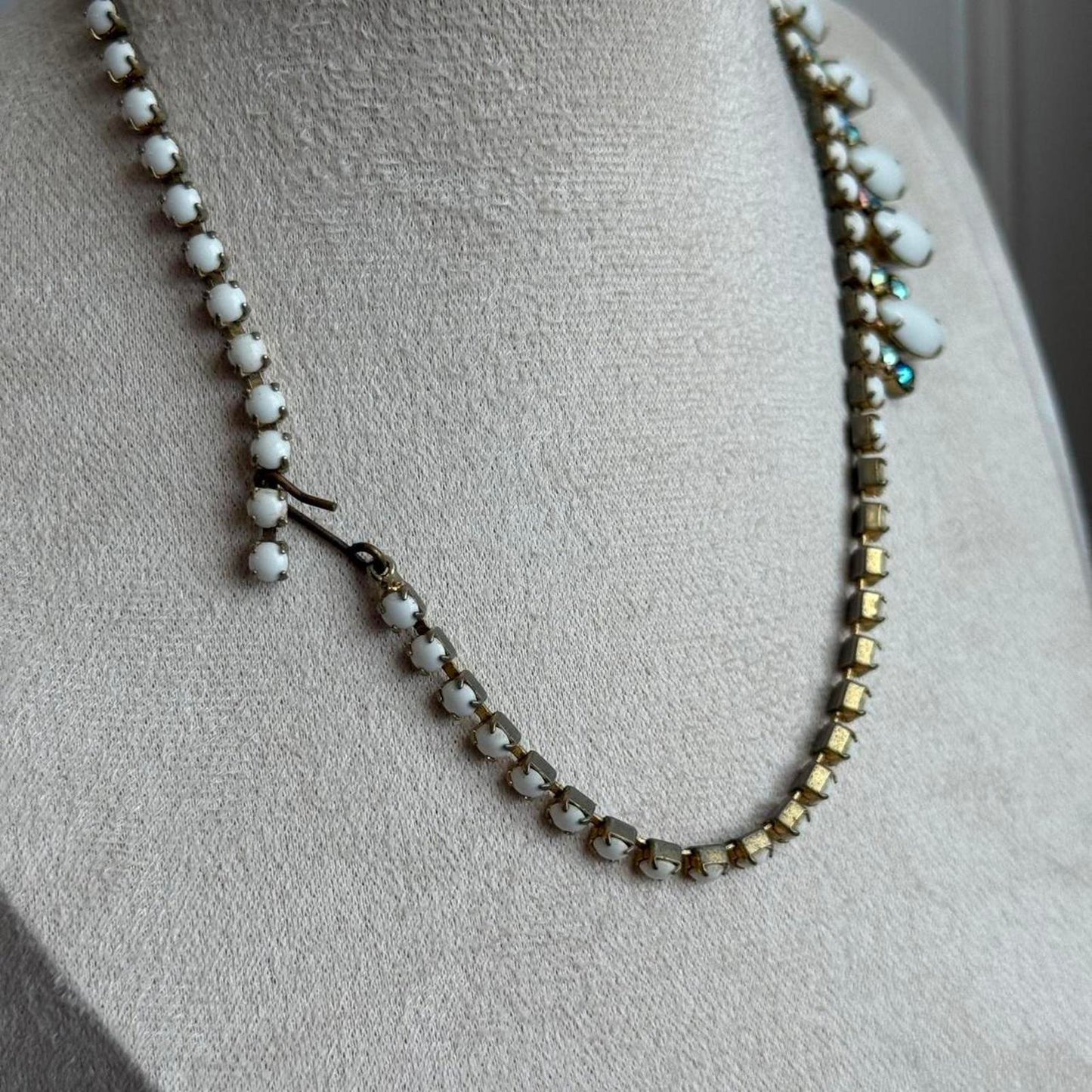 Vintage Milk Glass stone and rhinestones beaded necklace