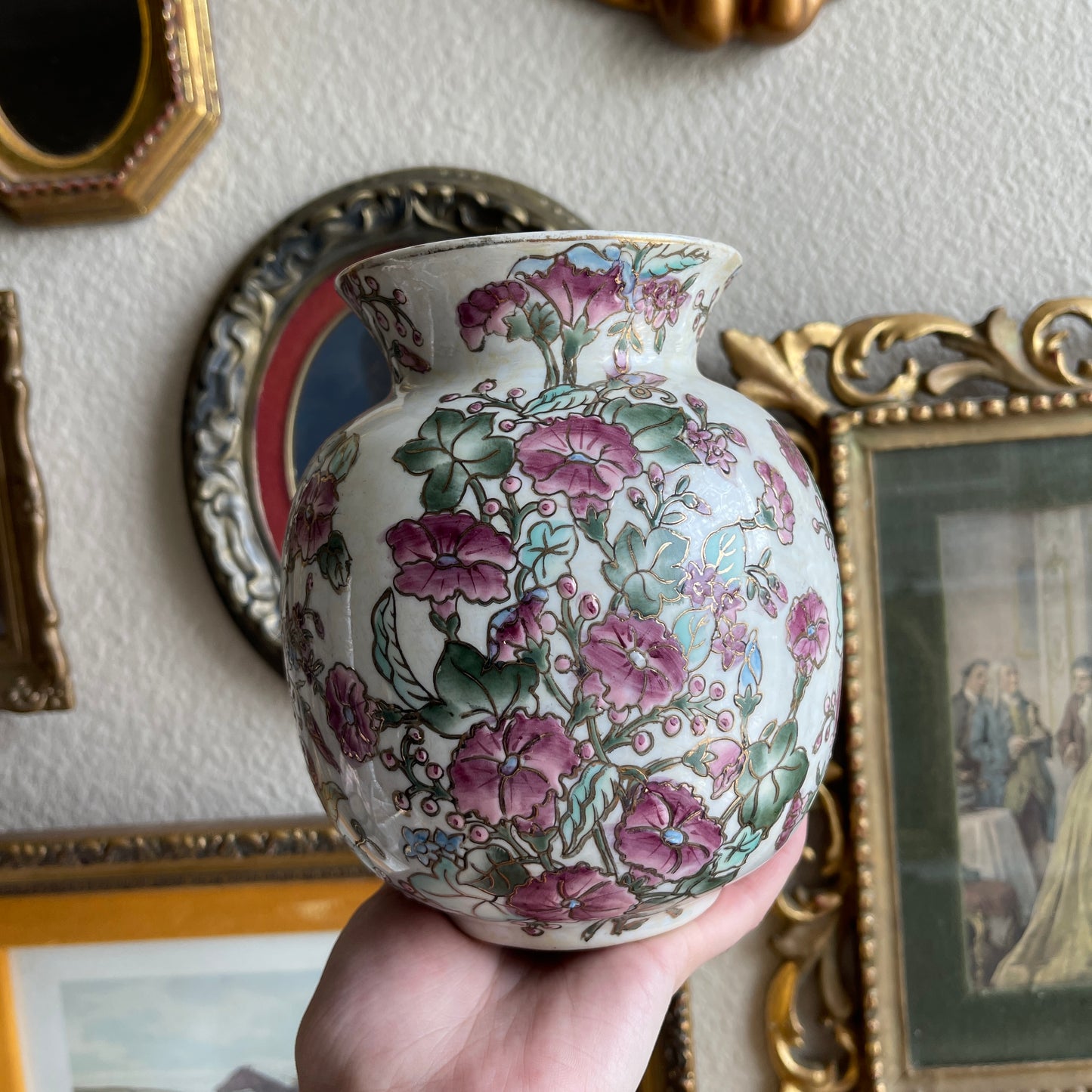 Hand Painted Floral Gold Gilt Purple Petunias Leaves vase