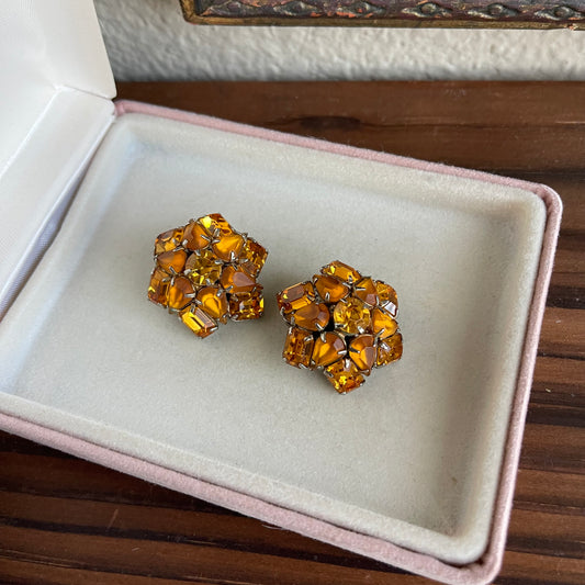 Vintage Rhinestone amber color clip on earrings