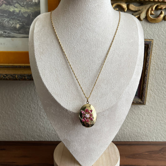 Vintage rose pink diamond with porcelain rose gold tone locket necklace