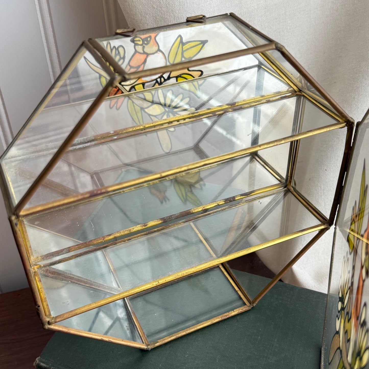 Vintage Glass & Brass Bird Floral Flower Jewelry Box