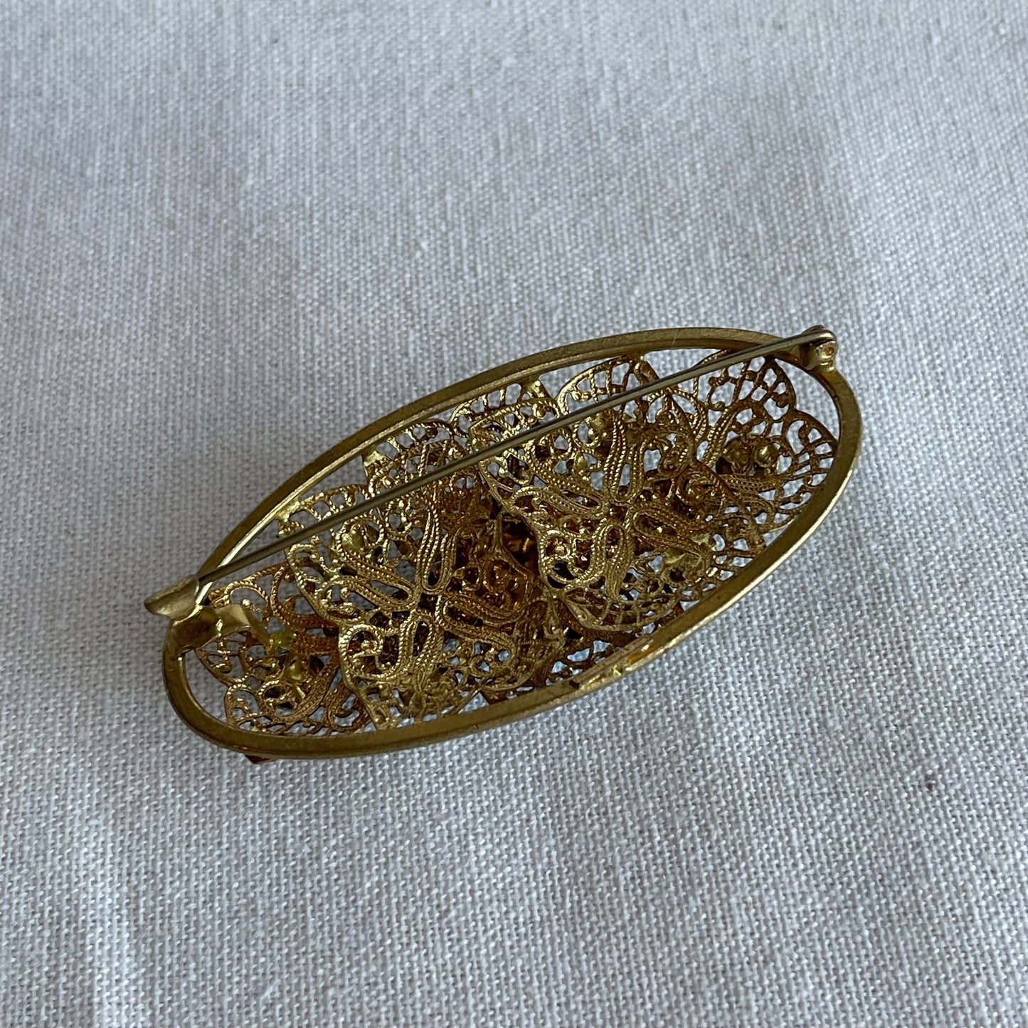 Vintage CZECH Signed Gold Tone Filigree Turquoise Glass Pin Brooch