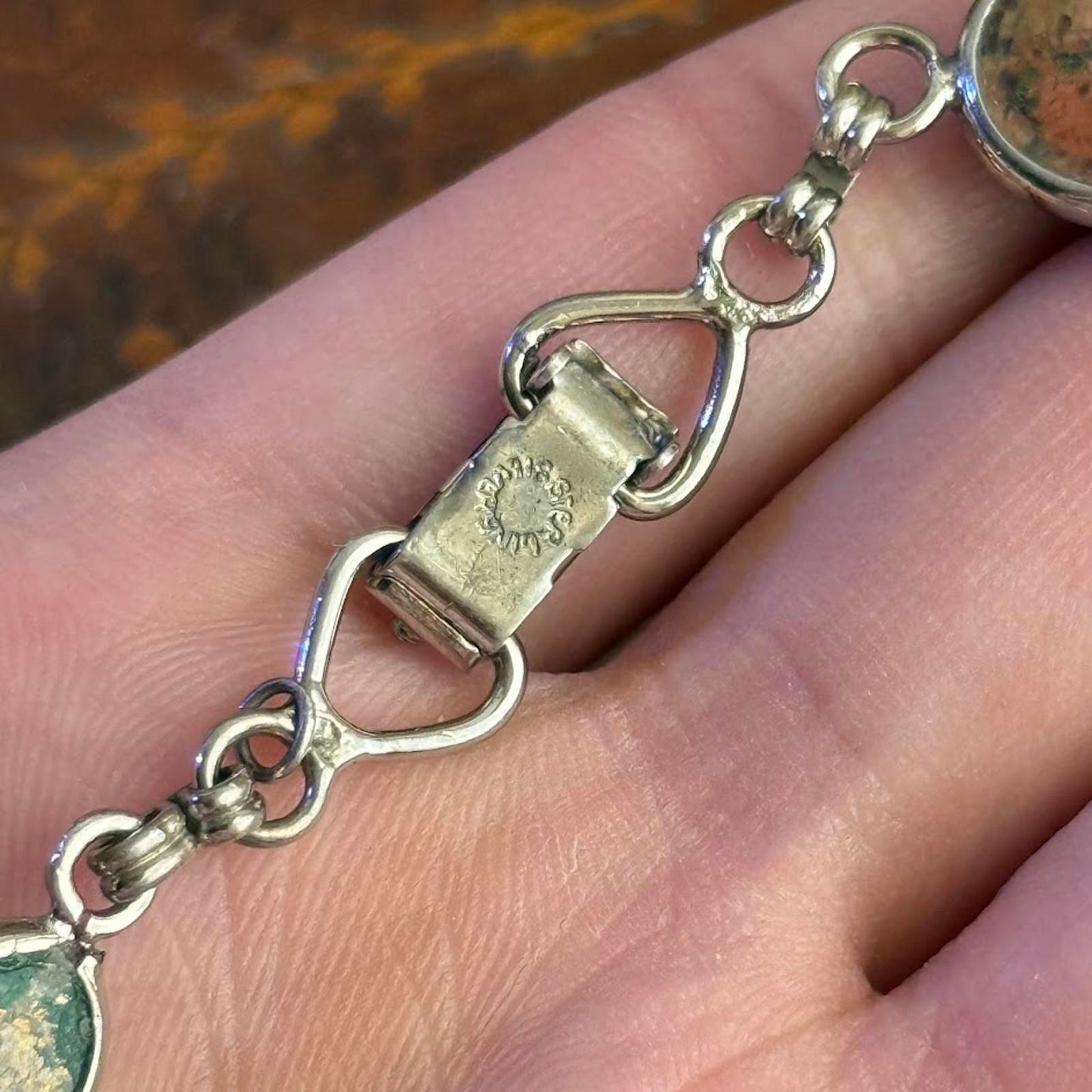 Vintage Mid Century 925 Sterling Silver Carved Gemstone Scarab Bracelet