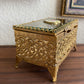 Vintage Hollywood regency gold tone jewelry casket beveled glass vanity trinket box