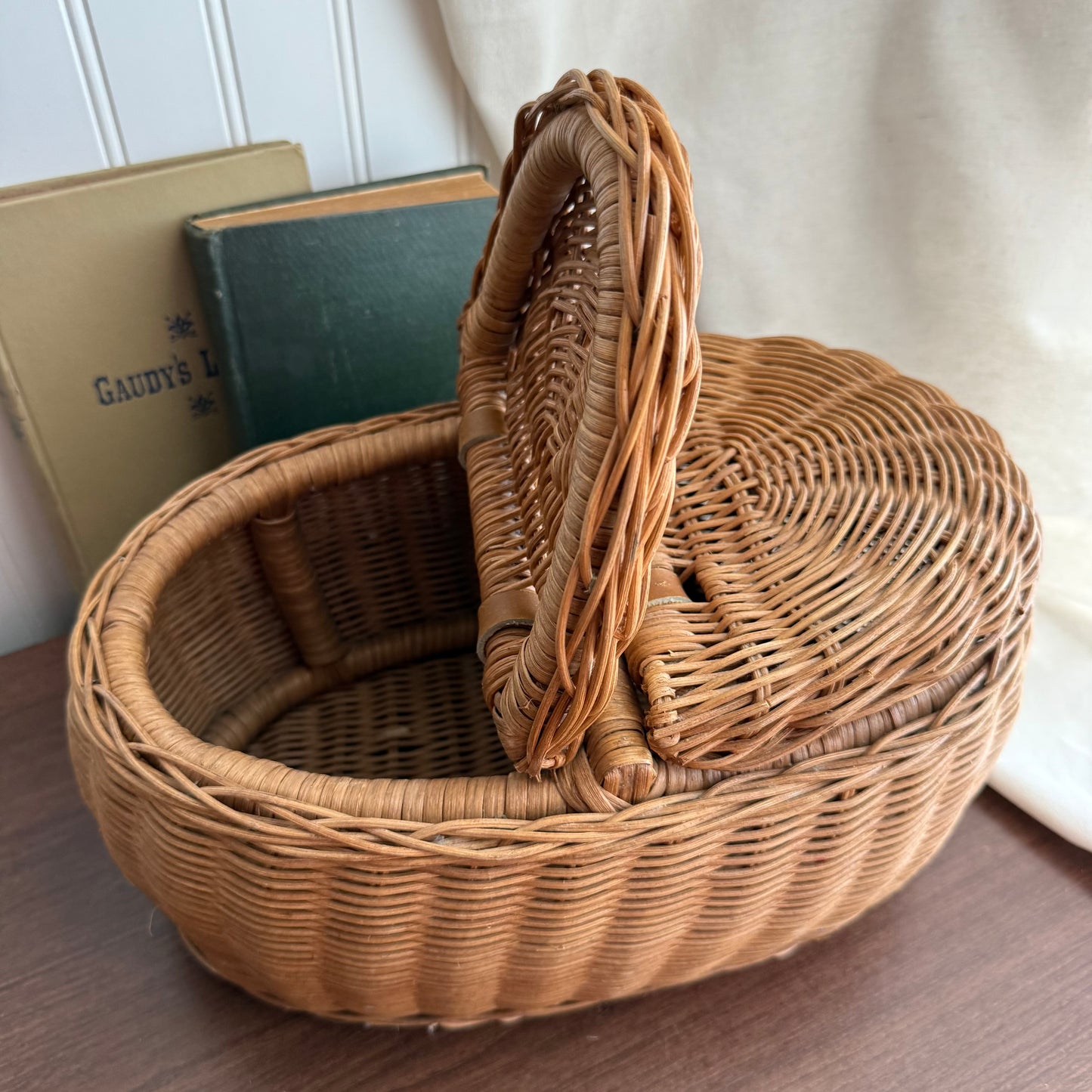 Wicker basket with Leather hinges two seperate sides