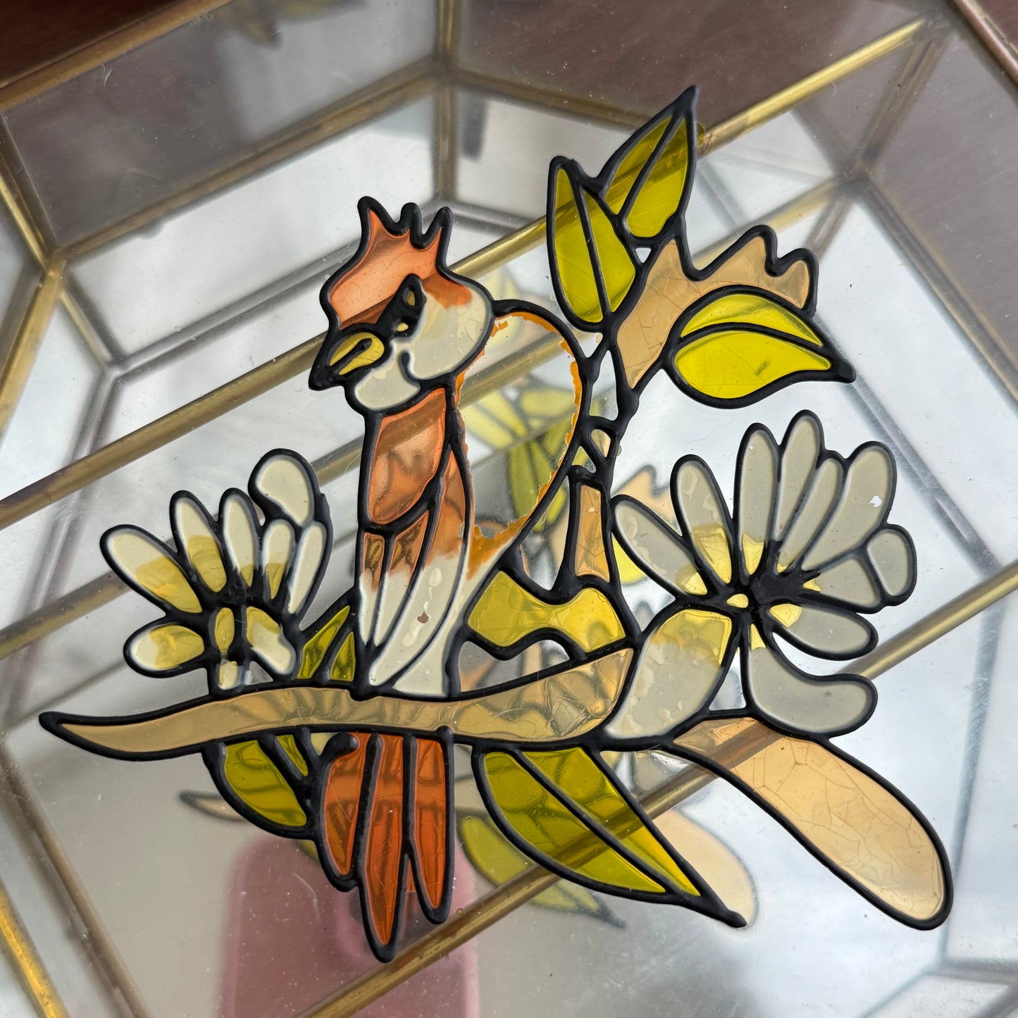 Vintage Glass & Brass Bird Floral Flower Jewelry Box