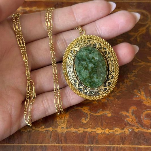 Vintage Green stone with gold detailing Pendant Necklace