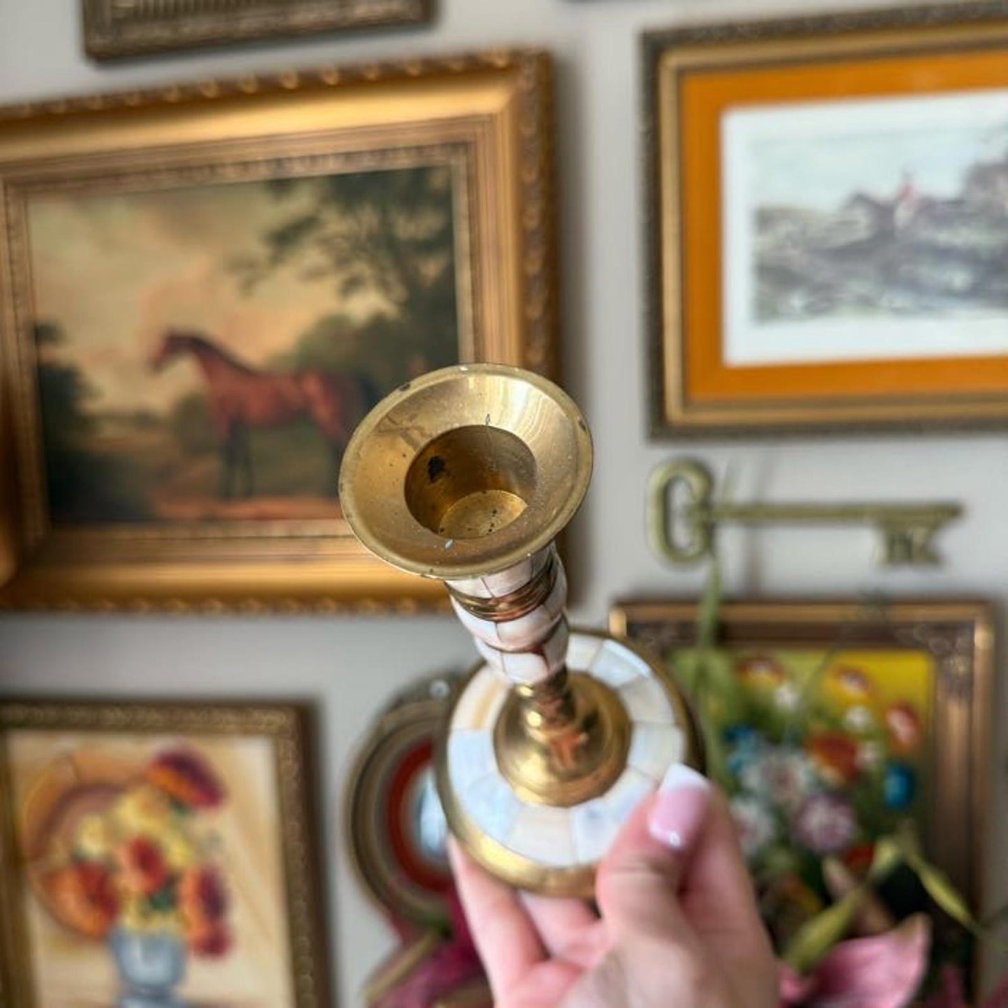 Vintage Mother of Pearl and Brass Candle Holder