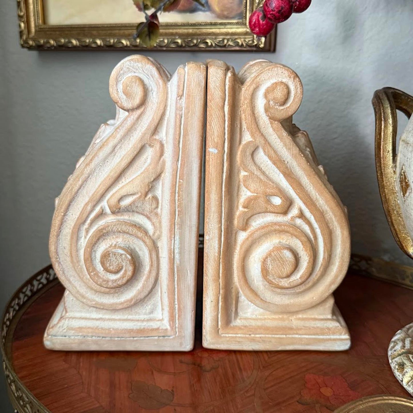 Vintage Pair of Ceramic Plaster Carved Bookends