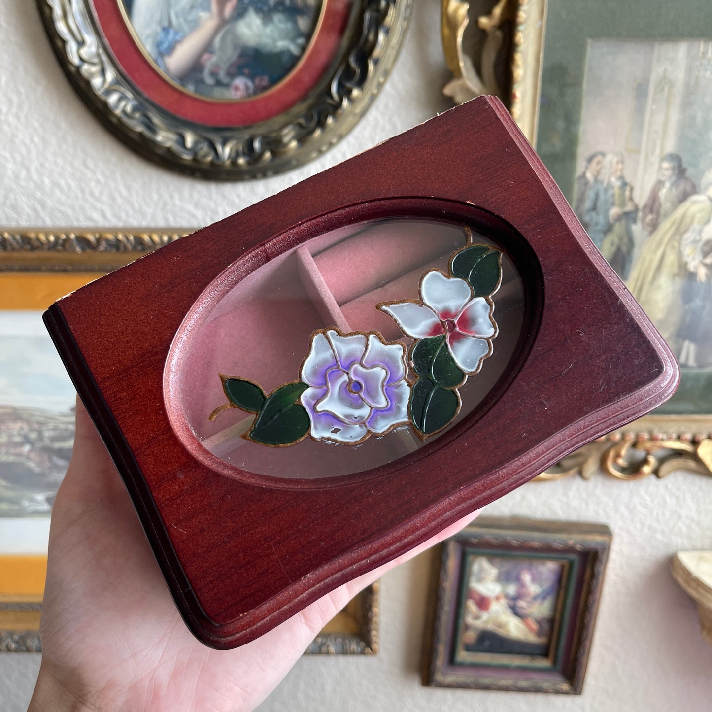 Vintage Small Wood Jewelry Box With Glass Lid And Painted Floral Design