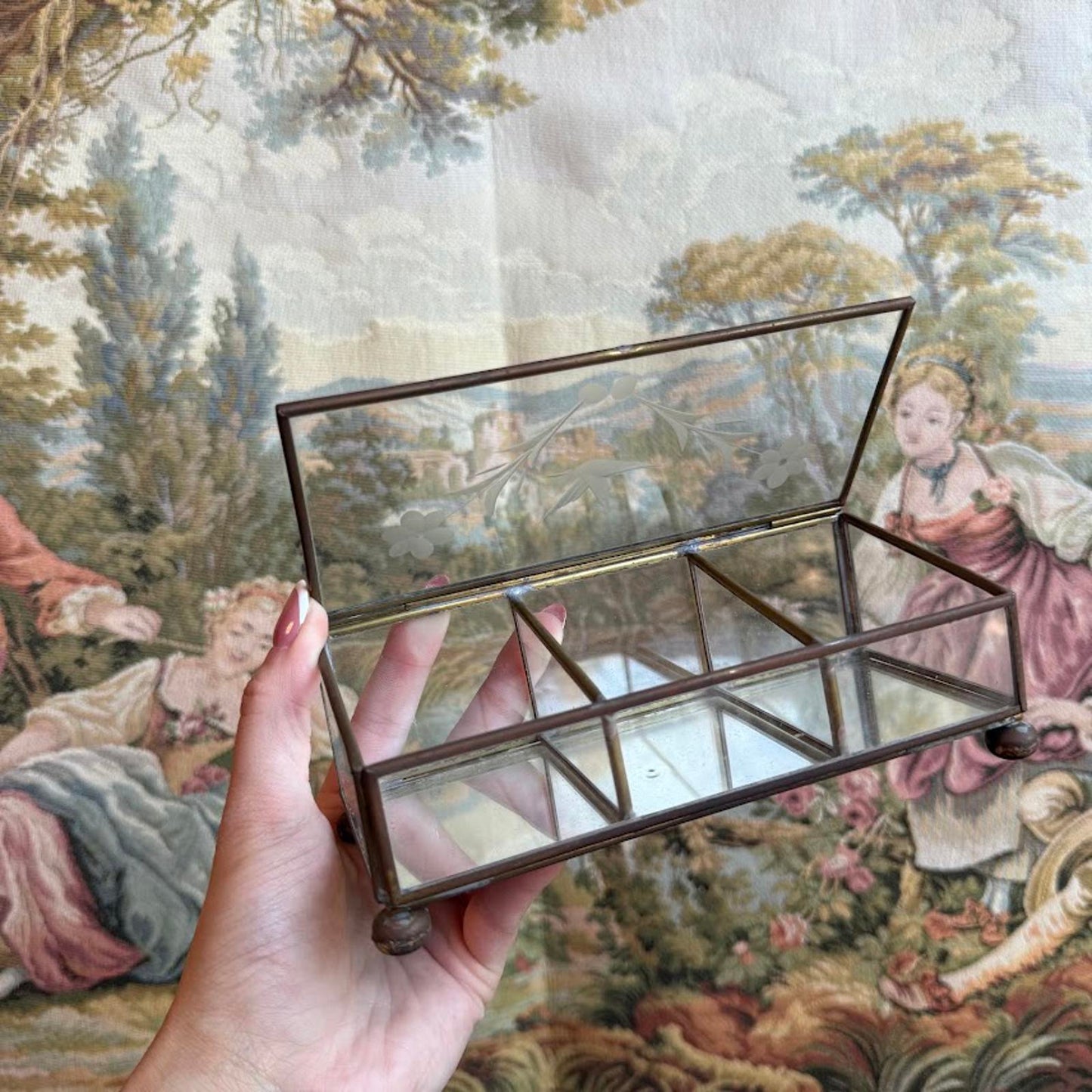 Vintage Bird & Flower etched Glass Jewelry box