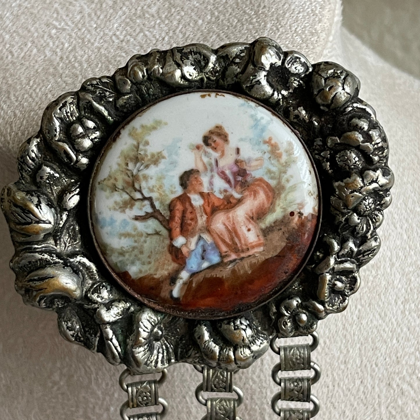 Unique porcelain courting couple scenery silver tone dangle brooch