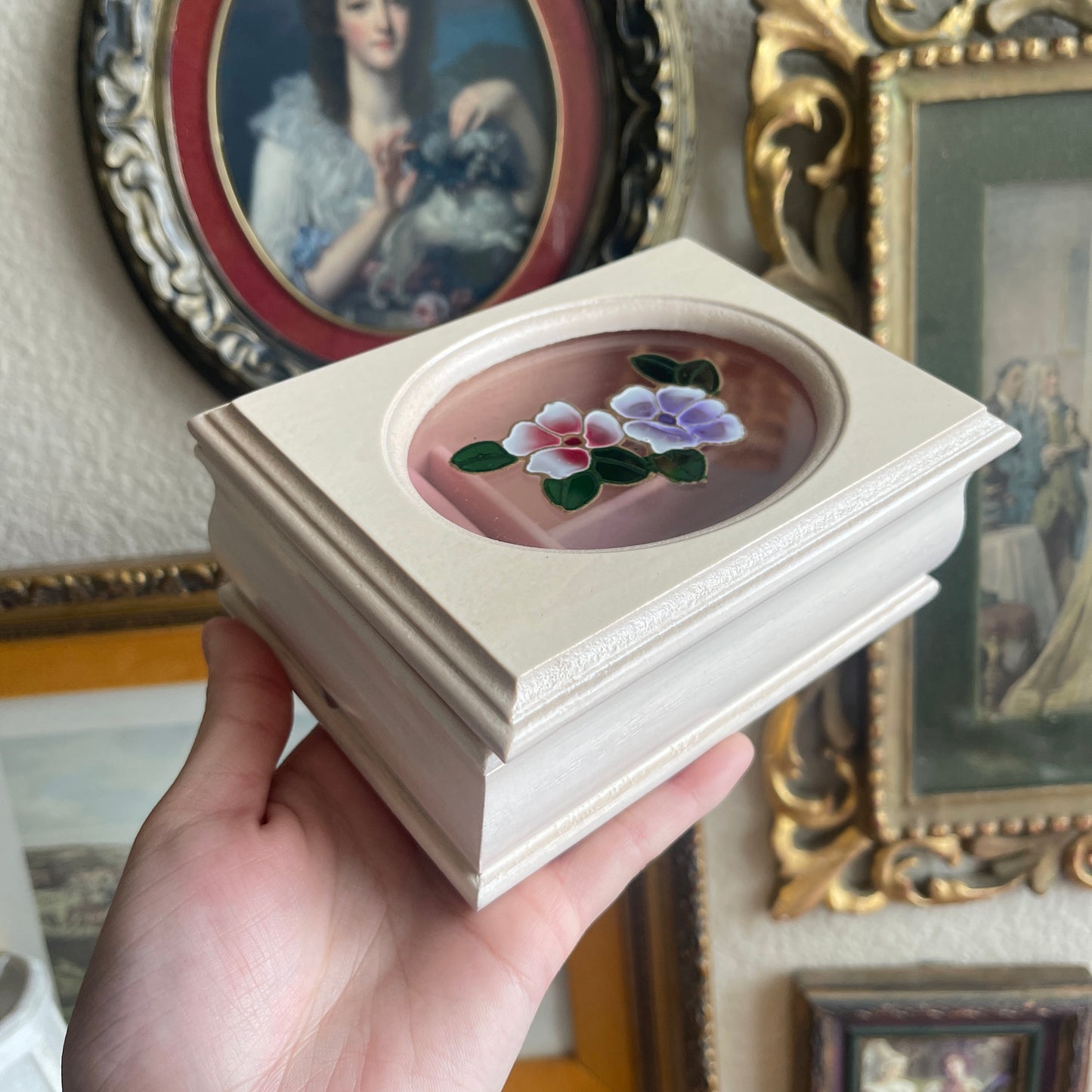 Vintage handpainted floral glass detailed cream jewelry box