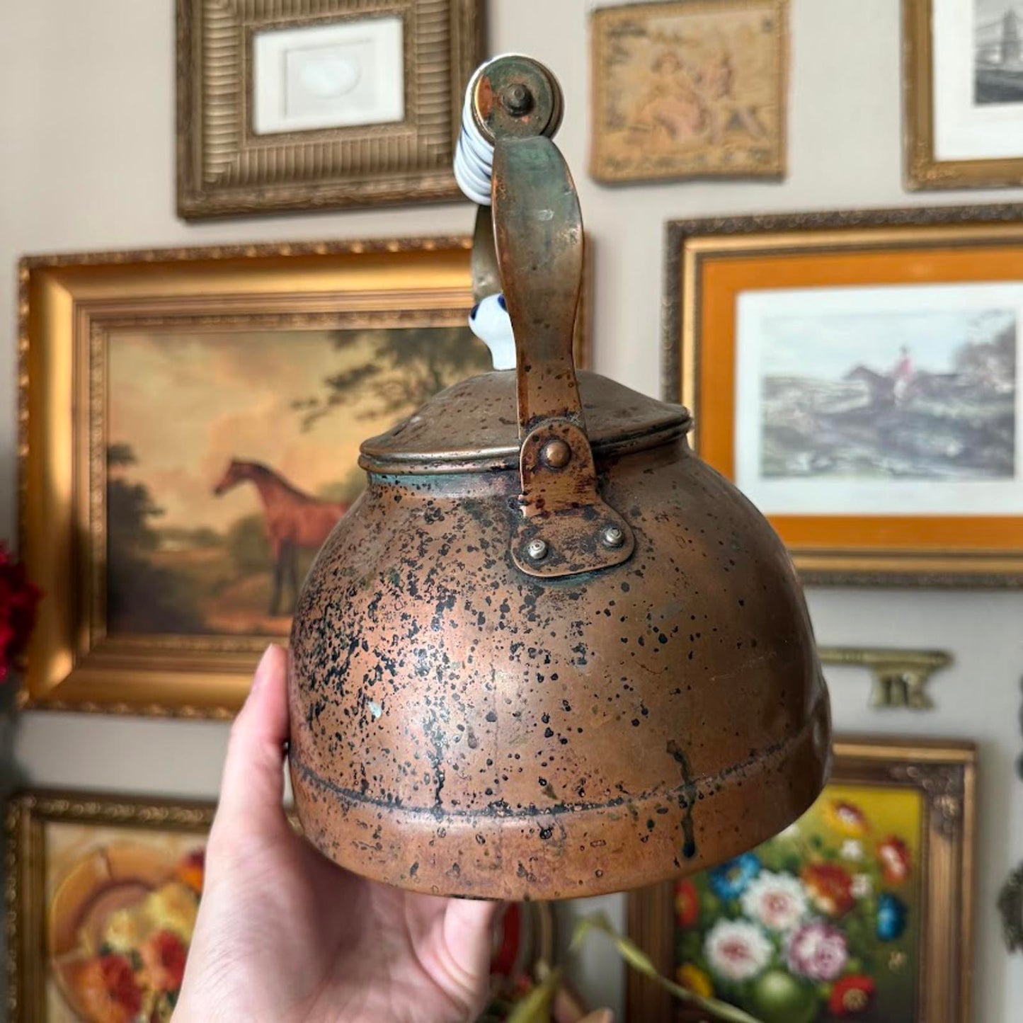 Vintage Copper Tea Kettle w White and Blue Porcelain Handle