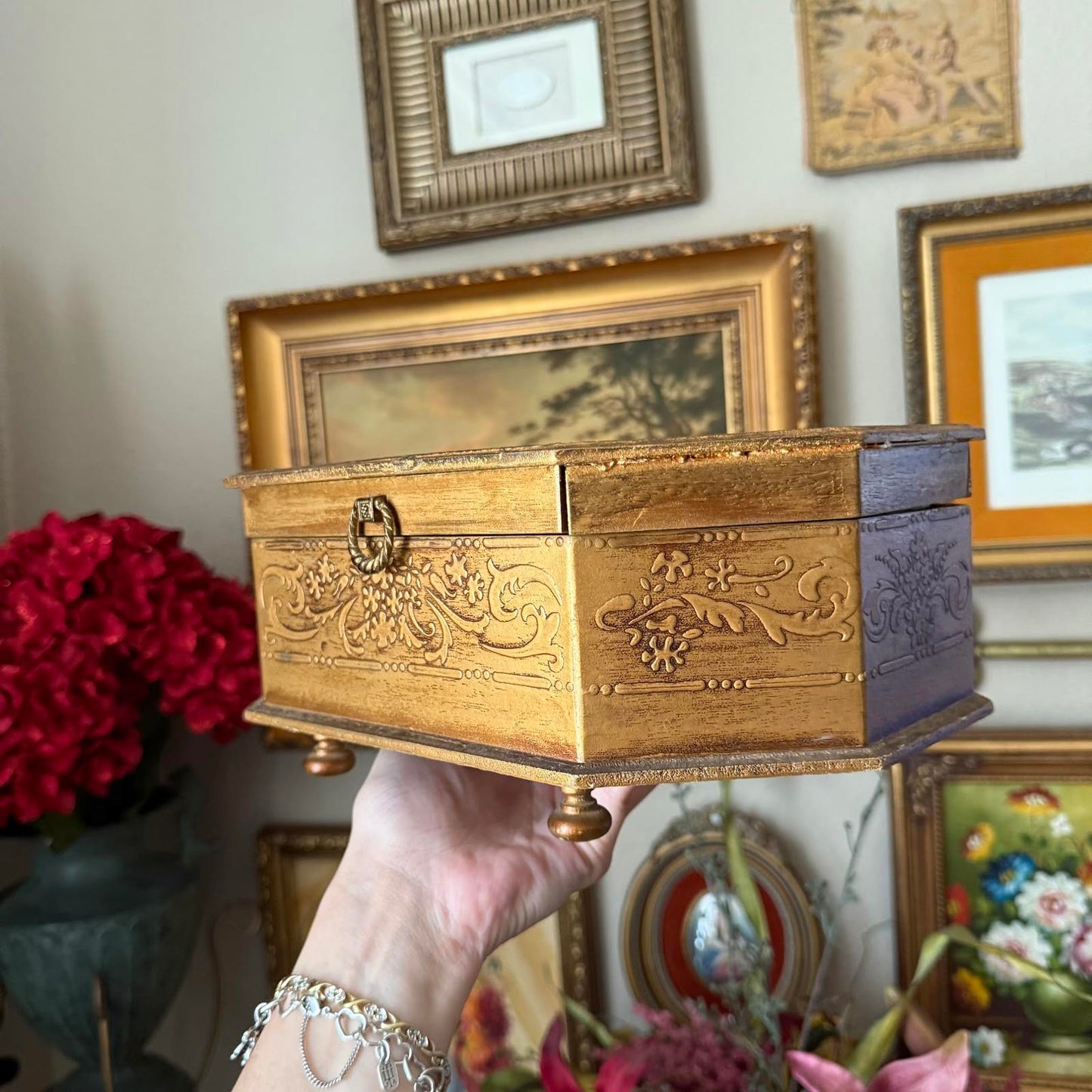 Vintage Large Gold Victorian Girl Reading a Book Music Jewelry Box