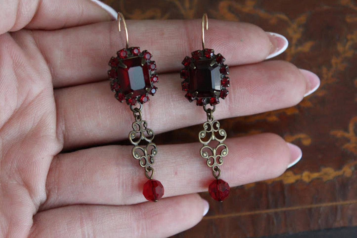 Vintage Victorian earrings with dark rectangle glass stones long earrings
