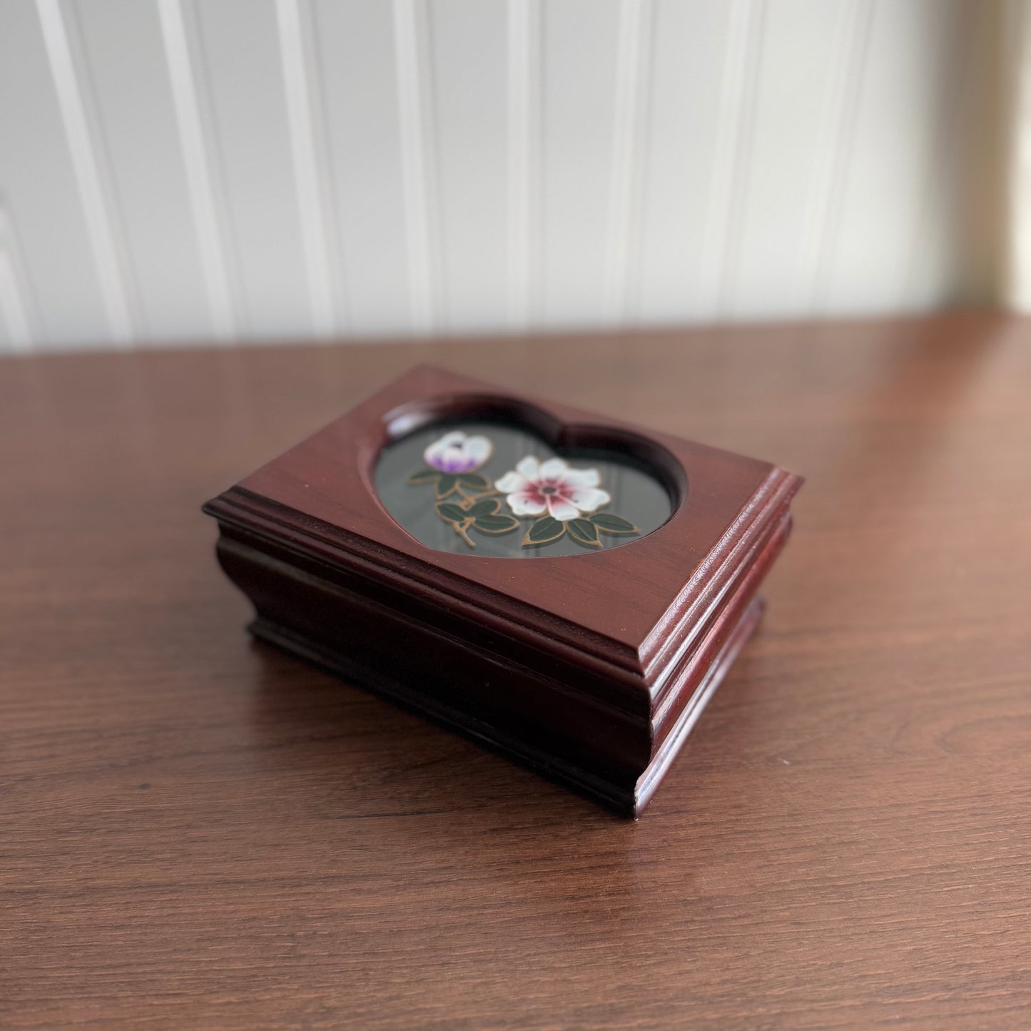 Vintage Mini Cherry Wood Jewelry Box with Stained Glass Top