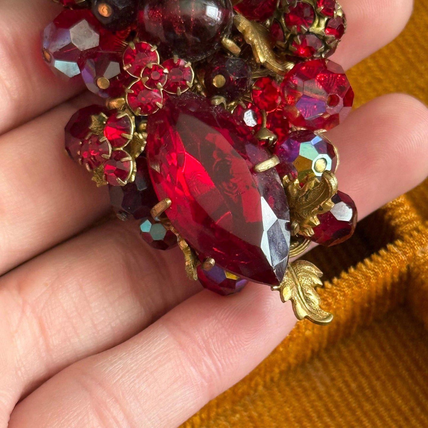Vintage filigree Bright red faceted glass beads Brooch
