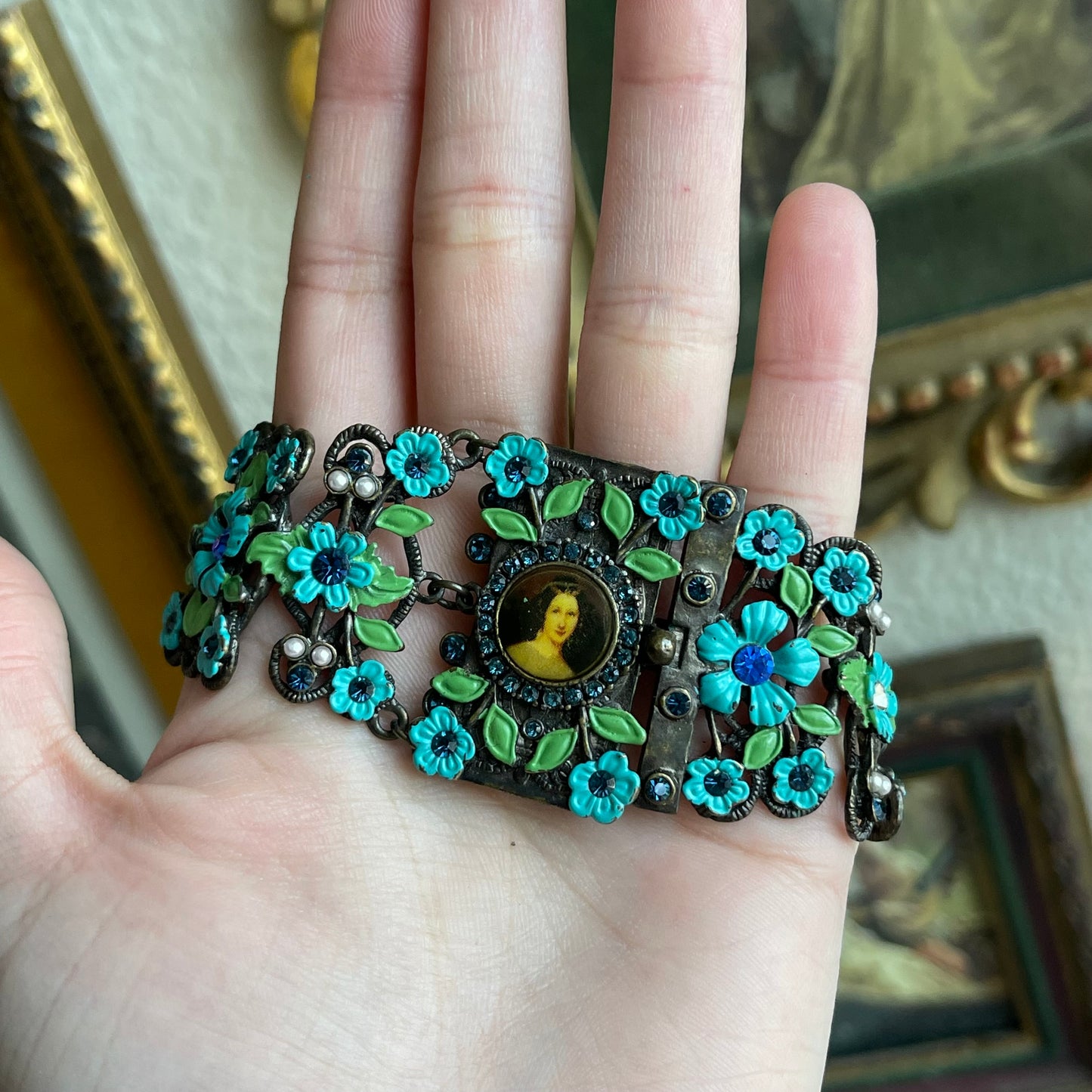 Lady Portrait Enamel Blue Floral Bracelet