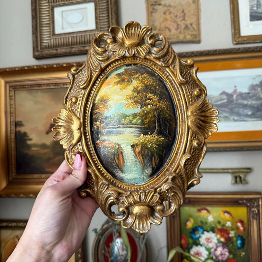 Vintage Style Florentine Waterfall Scenery Painting Plaster Ornate Frame Art Work