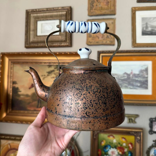 Vintage Copper Tea Kettle w White and Blue Porcelain Handle