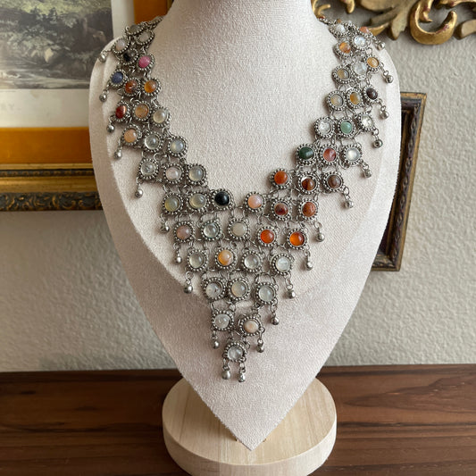 Silver tone Morocoo bib style semi precious stones with matching earrings